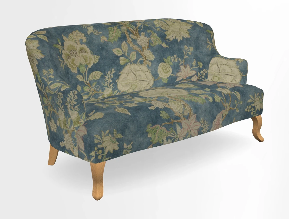 Grassington 3 Seater Sofa in RHS Botanicals on Velvet Ferns Toile Olive with scatter in Almost Plain Velvet Harvest