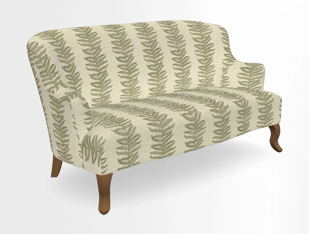 Grassington 3 Seater Sofa in RHS Botanicals on Velvet Ferns Toile Olive with scatter in Almost Plain Velvet Harvest