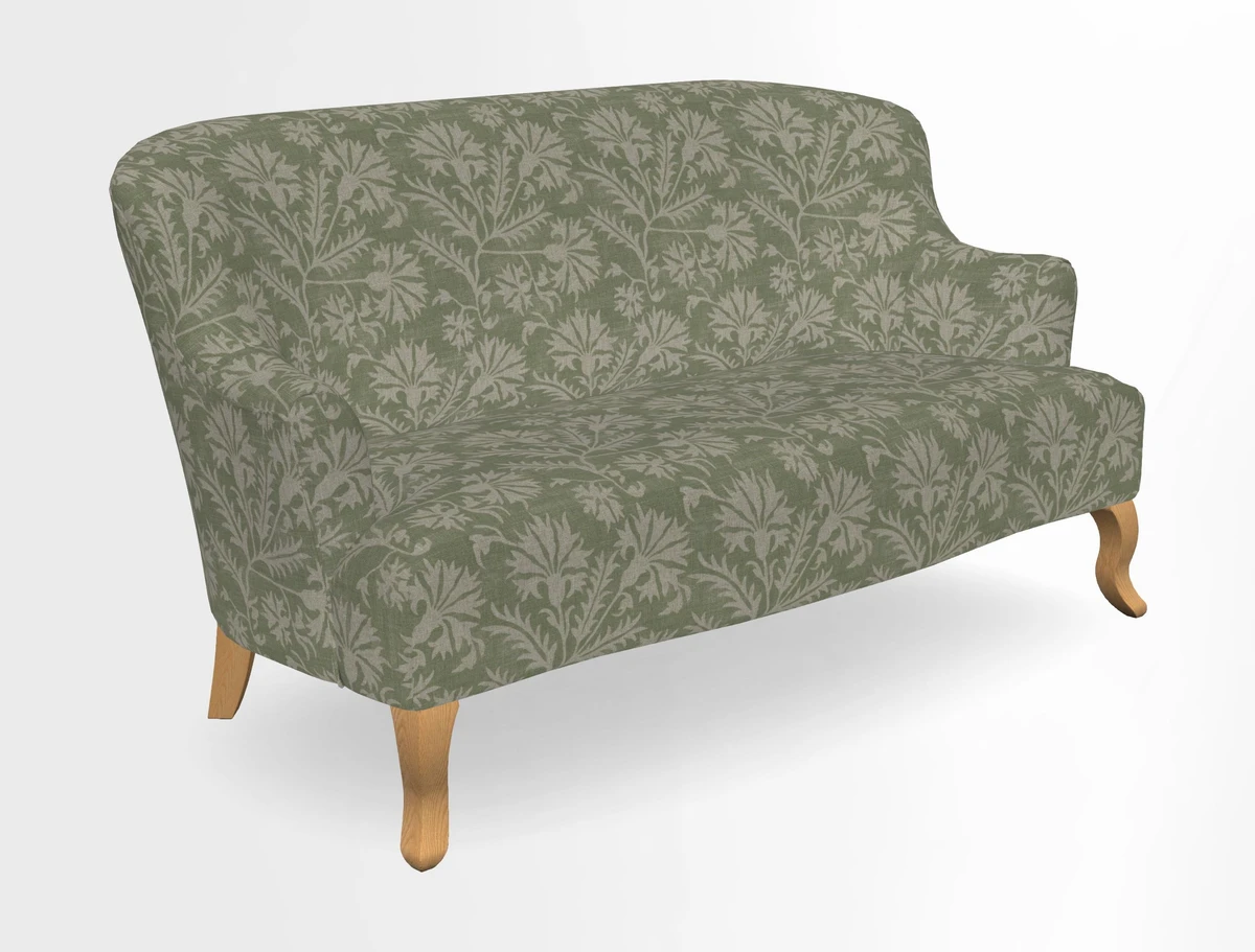 Grassington 3 Seater Sofa in RHS Botanicals on Velvet Ferns Toile Olive with scatter in Almost Plain Velvet Harvest