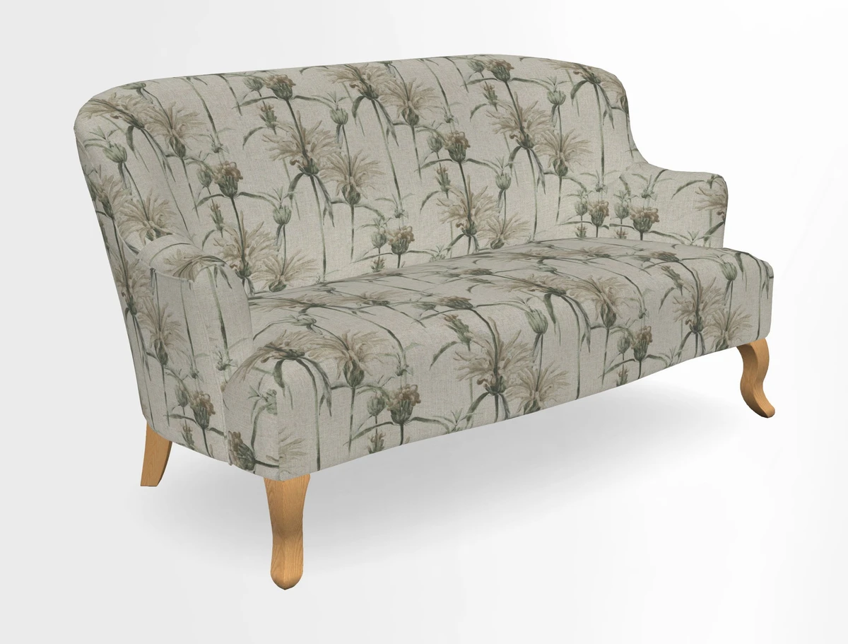 Grassington 3 Seater Sofa in RHS Botanicals on Velvet Ferns Toile Olive with scatter in Almost Plain Velvet Harvest