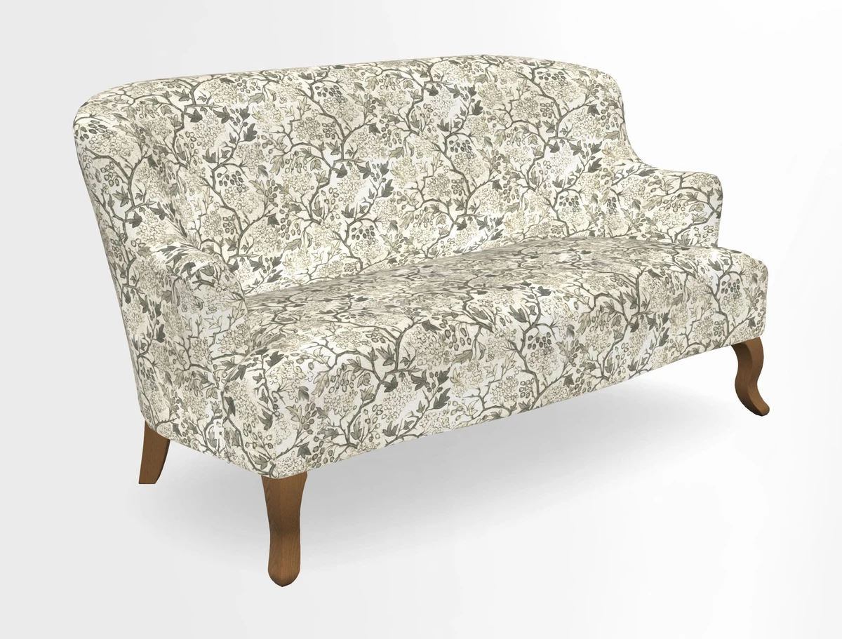 Grassington 3 Seater Sofa in RHS Botanicals on Velvet Ferns Toile Olive with scatter in Almost Plain Velvet Harvest