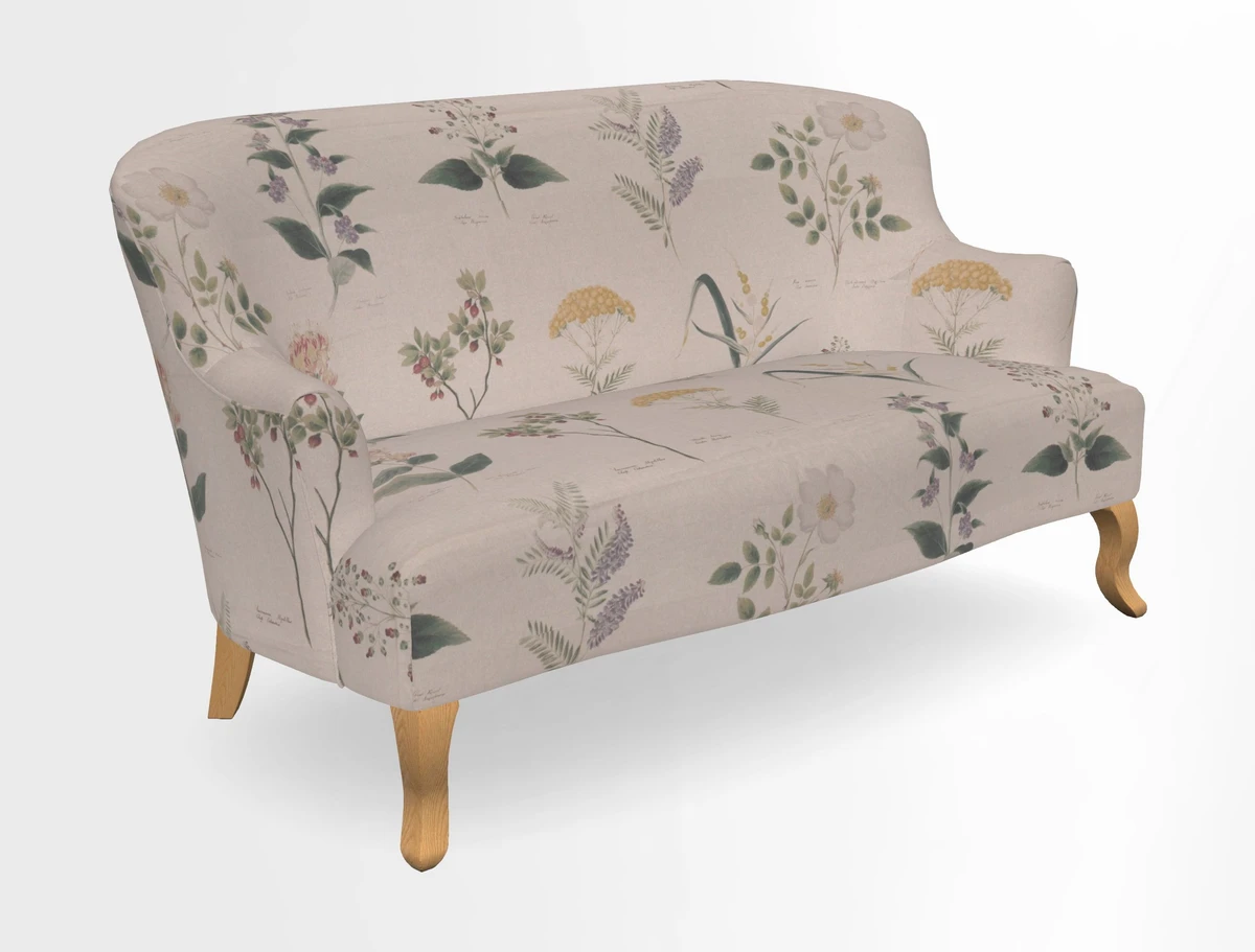 Grassington 3 Seater Sofa in RHS Botanicals on Velvet Ferns Toile Olive with scatter in Almost Plain Velvet Harvest