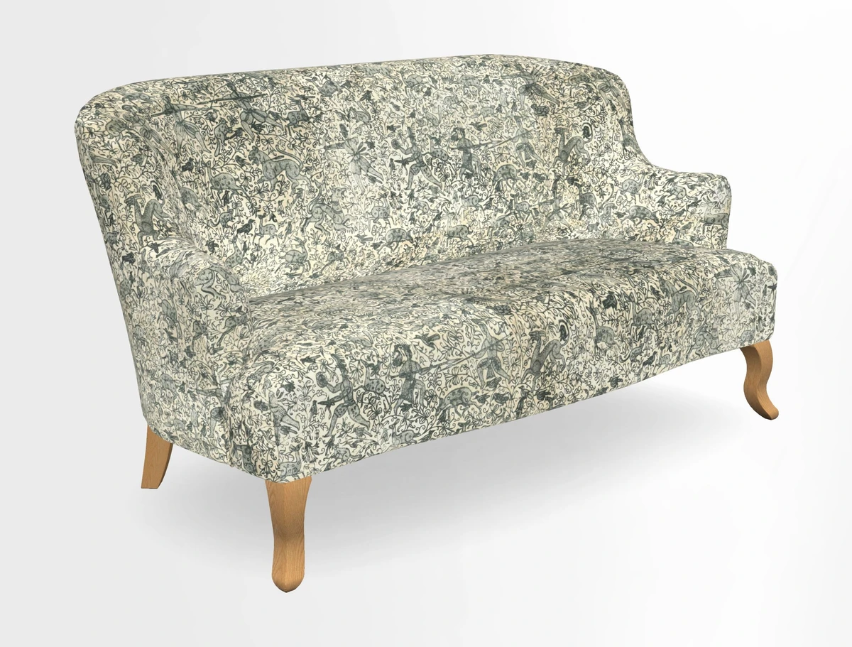 Grassington 3 Seater Sofa in RHS Botanicals on Velvet Ferns Toile Olive with scatter in Almost Plain Velvet Harvest