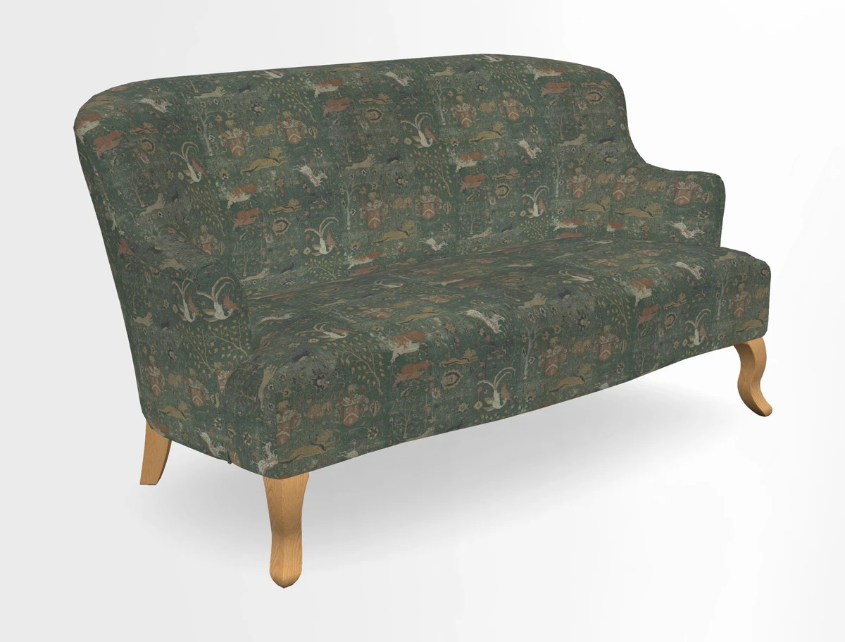 Grassington 3 Seater Sofa in RHS Botanicals on Velvet Ferns Toile Olive with scatter in Almost Plain Velvet Harvest