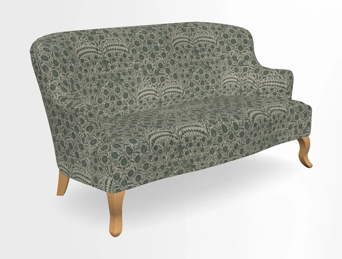 Grassington 3 Seater Sofa in RHS Botanicals on Velvet Ferns Toile Olive with scatter in Almost Plain Velvet Harvest