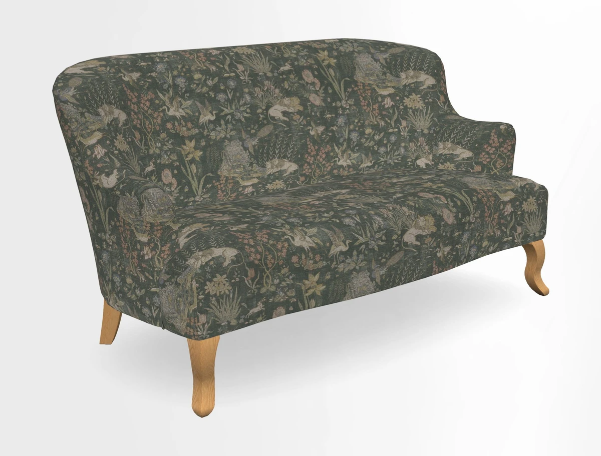 Grassington 3 Seater Sofa in RHS Botanicals on Velvet Ferns Toile Olive with scatter in Almost Plain Velvet Harvest