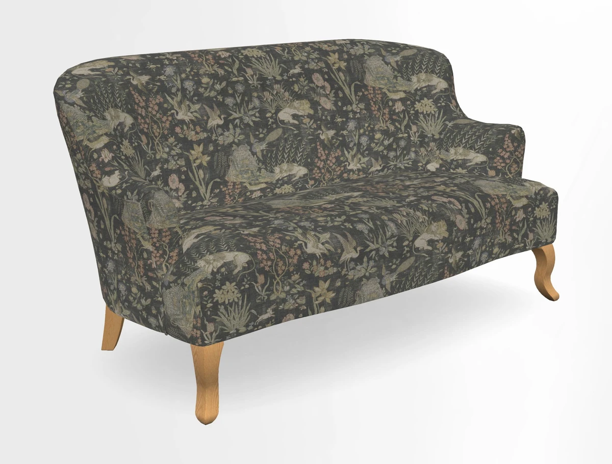 Grassington 3 Seater Sofa in RHS Botanicals on Velvet Ferns Toile Olive with scatter in Almost Plain Velvet Harvest