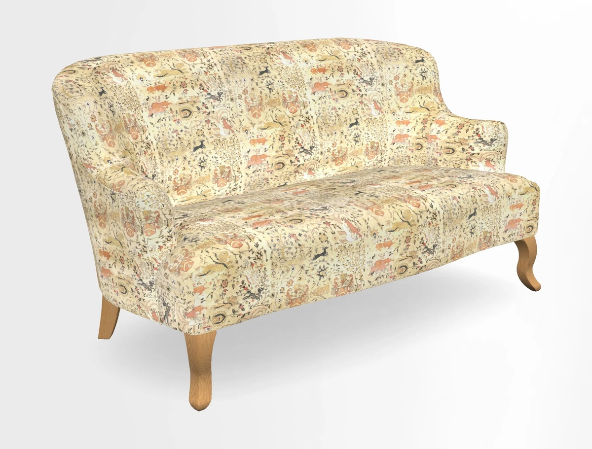 Grassington 3 Seater Sofa in RHS Botanicals on Velvet Ferns Toile Olive with scatter in Almost Plain Velvet Harvest