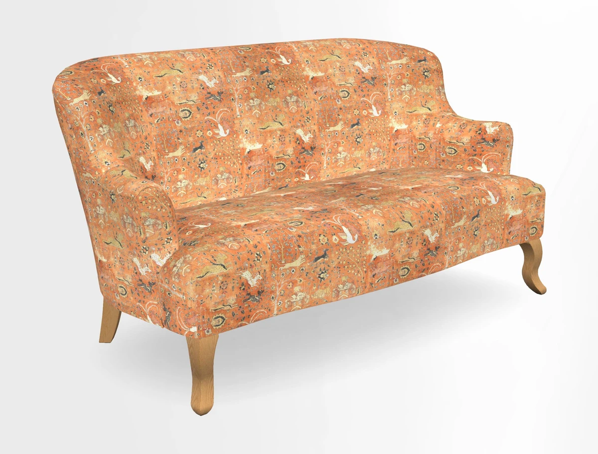 Grassington 3 Seater Sofa in RHS Botanicals on Velvet Ferns Toile Olive with scatter in Almost Plain Velvet Harvest