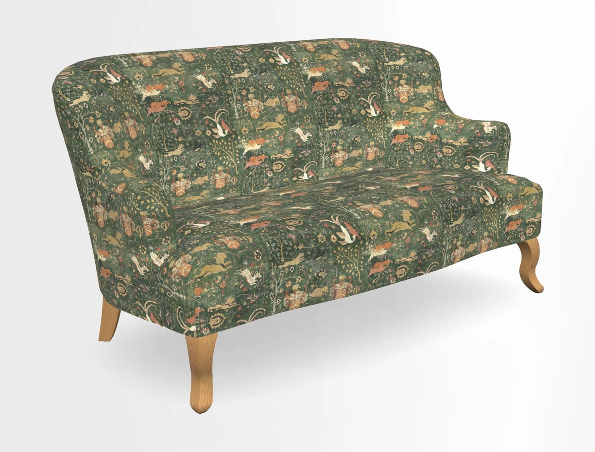Grassington 3 Seater Sofa in RHS Botanicals on Velvet Ferns Toile Olive with scatter in Almost Plain Velvet Harvest