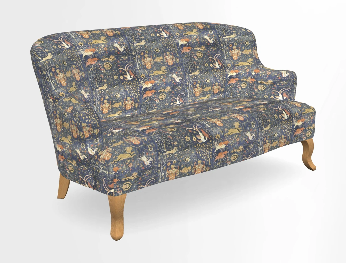 Grassington 3 Seater Sofa in RHS Botanicals on Velvet Ferns Toile Olive with scatter in Almost Plain Velvet Harvest