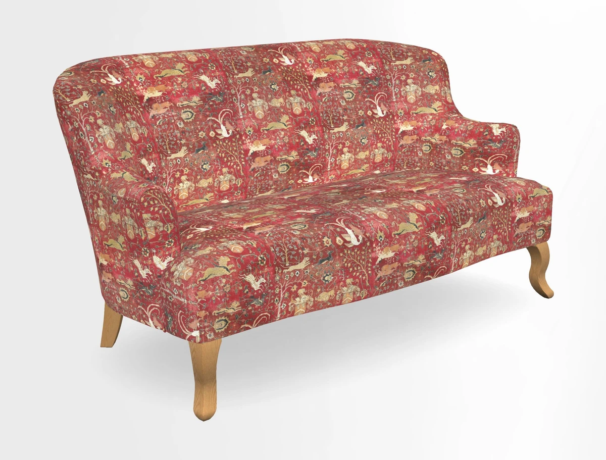 Grassington 3 Seater Sofa in RHS Botanicals on Velvet Ferns Toile Olive with scatter in Almost Plain Velvet Harvest