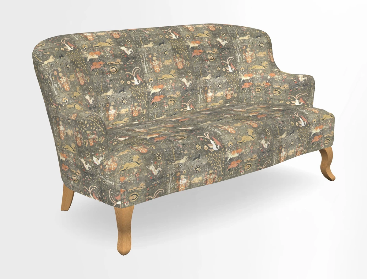 Grassington 3 Seater Sofa in RHS Botanicals on Velvet Ferns Toile Olive with scatter in Almost Plain Velvet Harvest