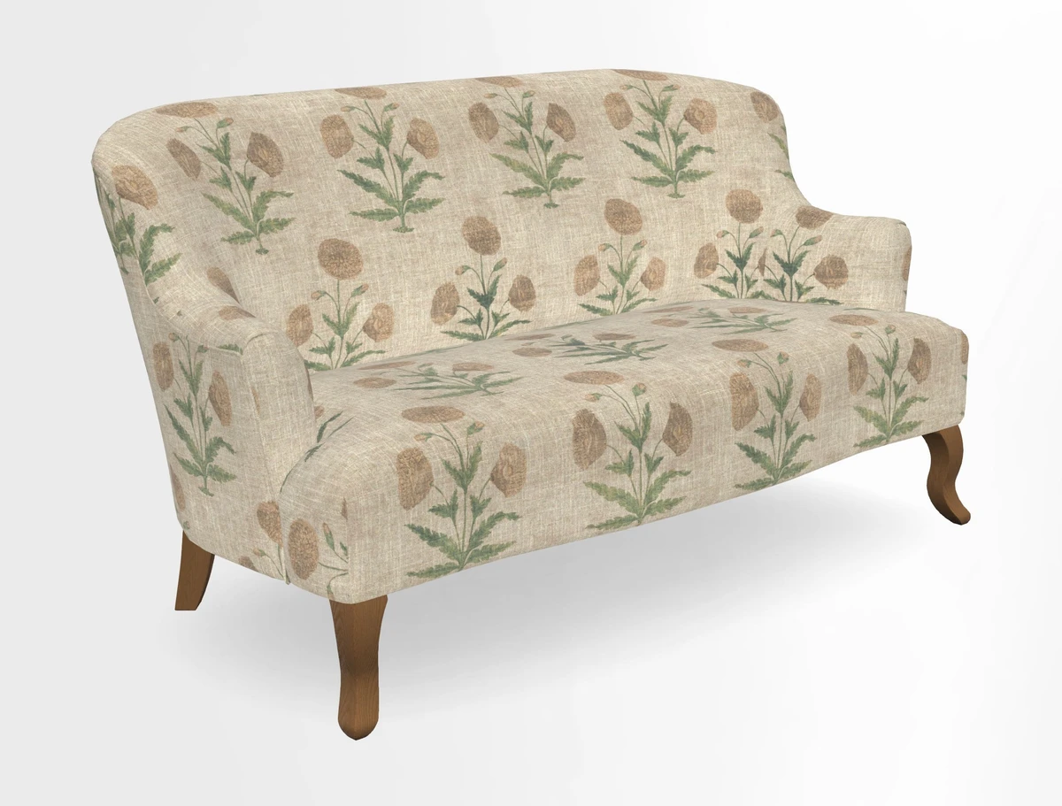 Grassington 3 Seater Sofa in RHS Botanicals on Velvet Ferns Toile Olive with scatter in Almost Plain Velvet Harvest