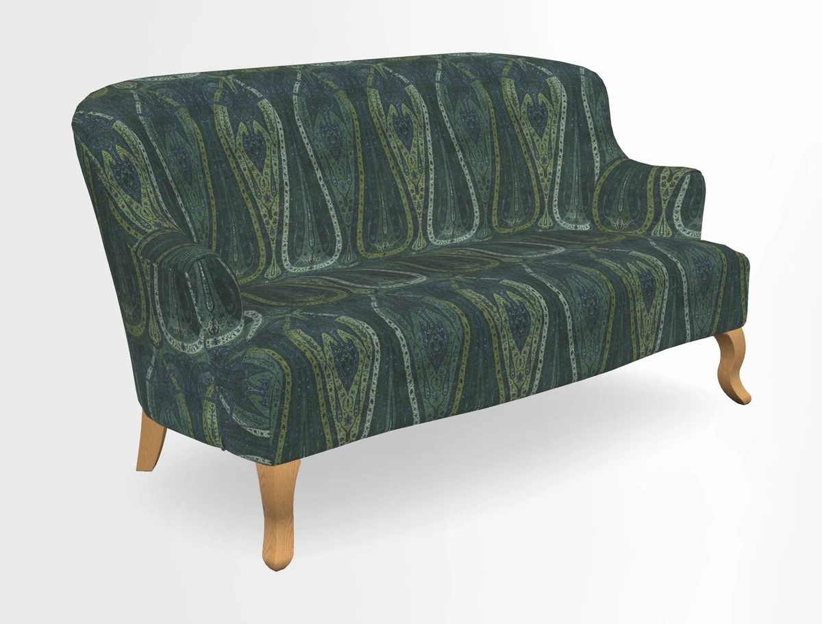 Grassington 3 Seater Sofa in RHS Botanicals on Velvet Ferns Toile Olive with scatter in Almost Plain Velvet Harvest