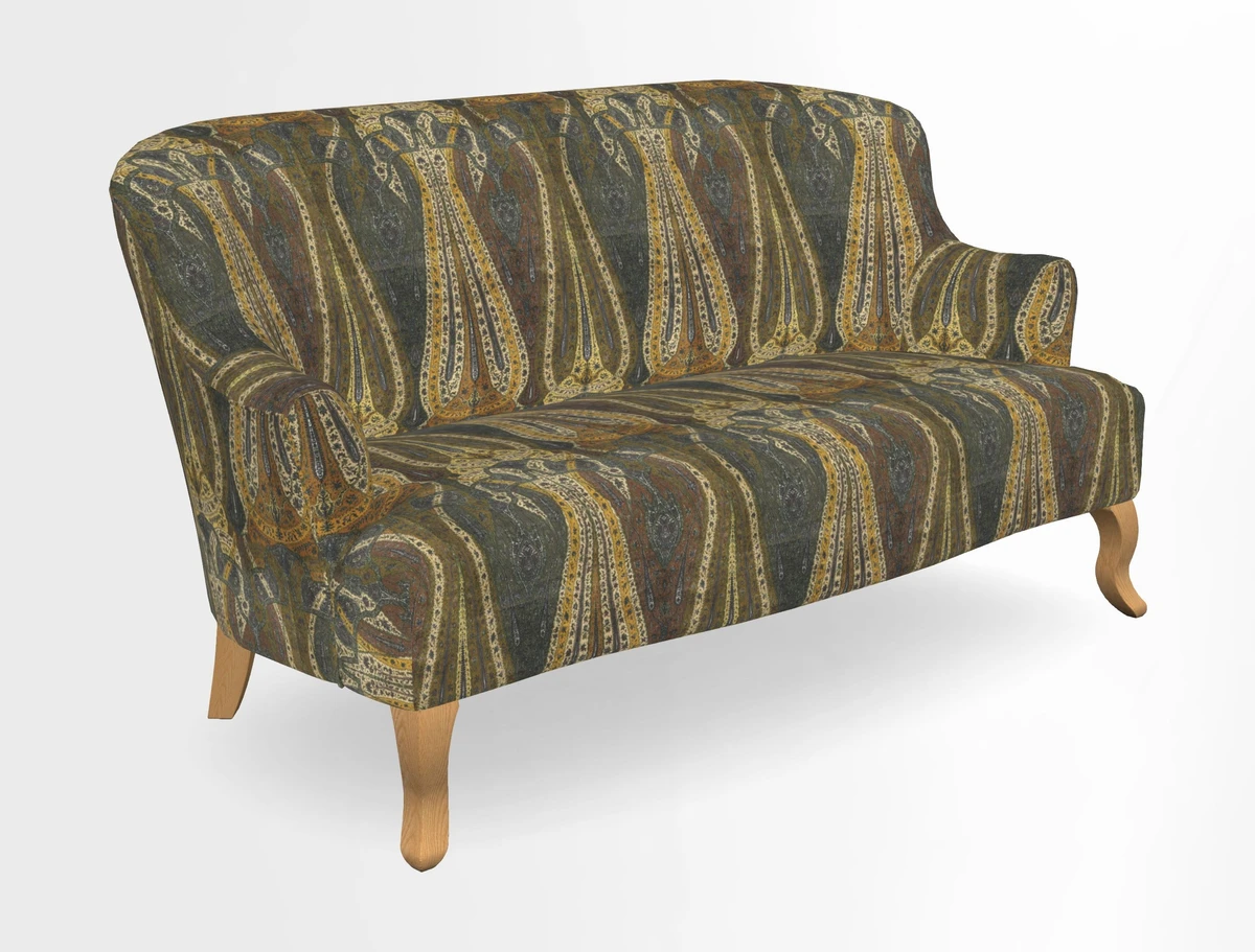 Grassington 3 Seater Sofa in RHS Botanicals on Velvet Ferns Toile Olive with scatter in Almost Plain Velvet Harvest