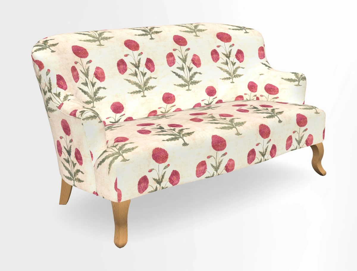 Grassington 3 Seater Sofa in RHS Botanicals on Velvet Ferns Toile Olive with scatter in Almost Plain Velvet Harvest
