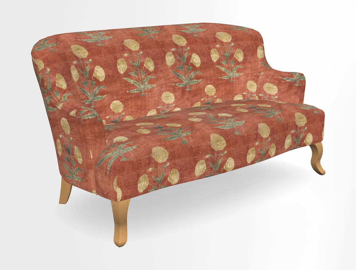 Grassington 3 Seater Sofa in RHS Botanicals on Velvet Ferns Toile Olive with scatter in Almost Plain Velvet Harvest