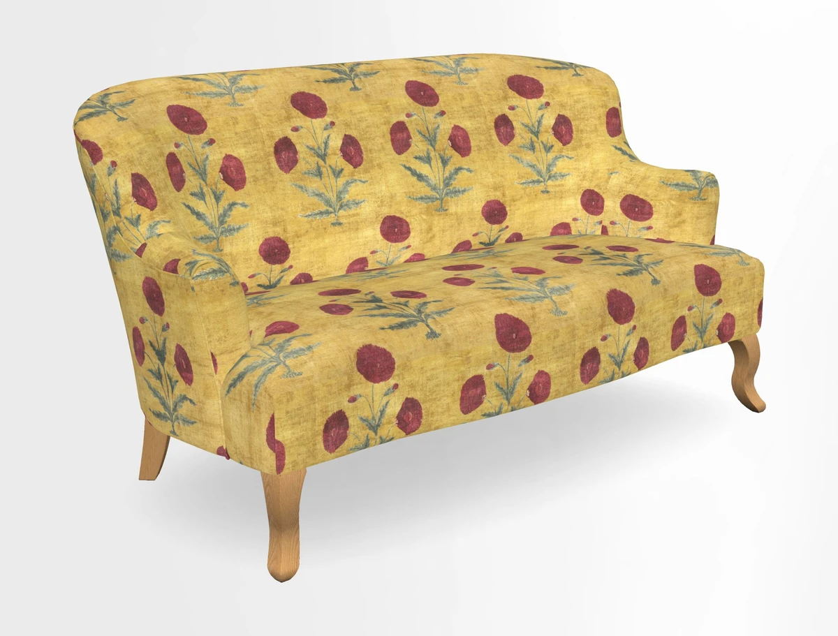 Grassington 3 Seater Sofa in RHS Botanicals on Velvet Ferns Toile Olive with scatter in Almost Plain Velvet Harvest