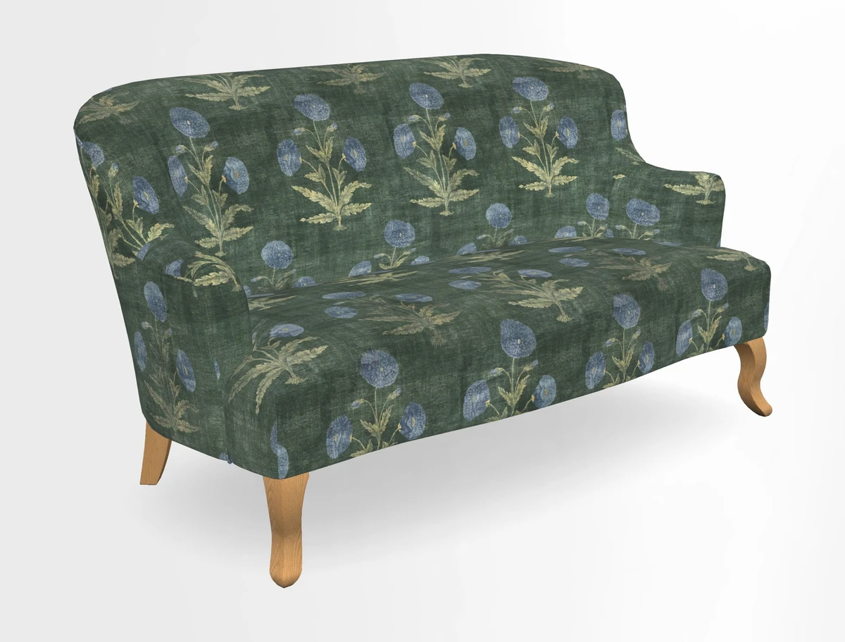 Grassington 3 Seater Sofa in RHS Botanicals on Velvet Ferns Toile Olive with scatter in Almost Plain Velvet Harvest