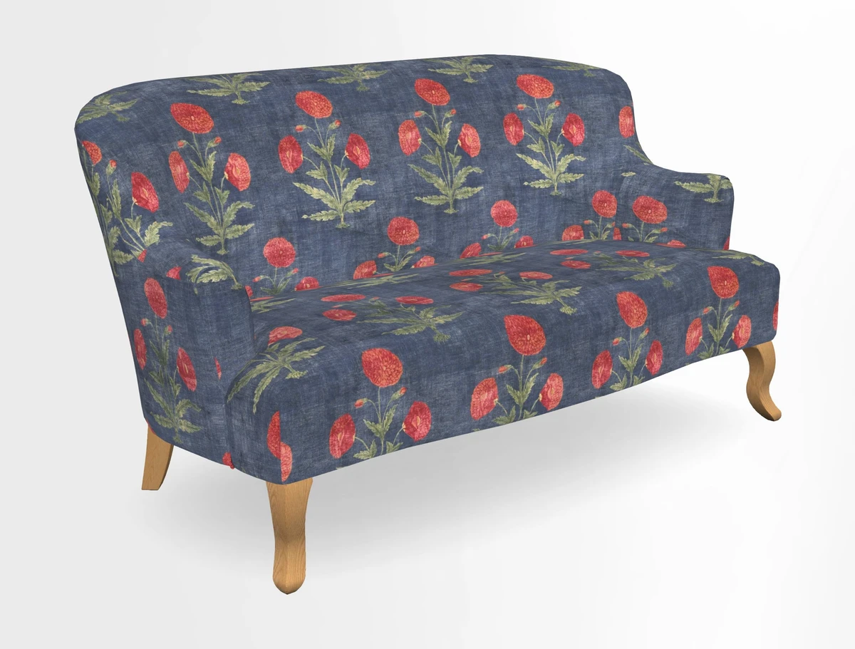 Grassington 3 Seater Sofa in RHS Botanicals on Velvet Ferns Toile Olive with scatter in Almost Plain Velvet Harvest