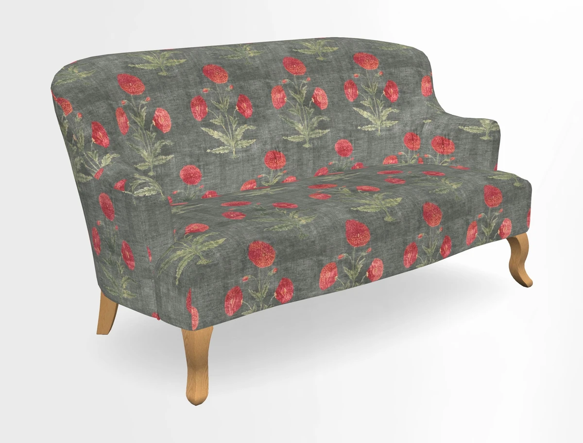 Grassington 3 Seater Sofa in RHS Botanicals on Velvet Ferns Toile Olive with scatter in Almost Plain Velvet Harvest