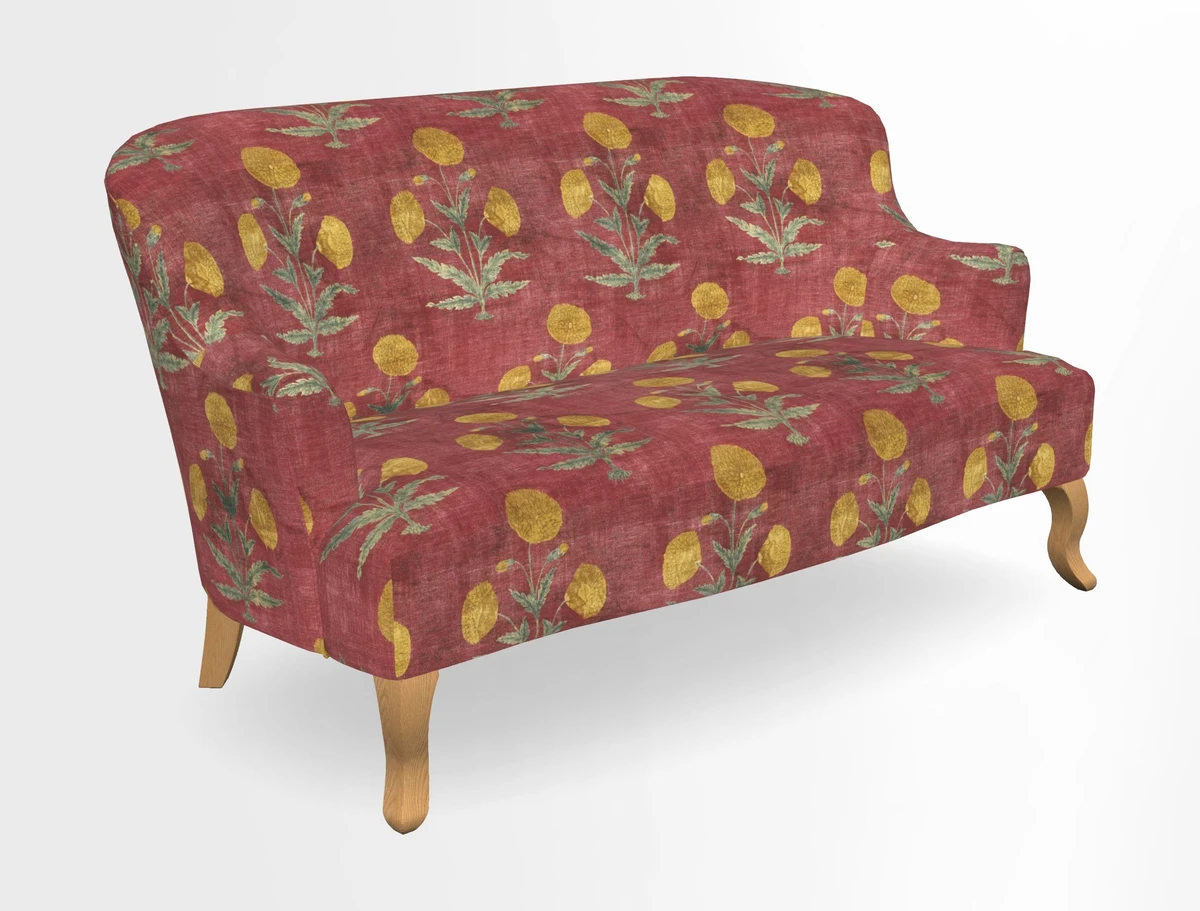 Grassington 3 Seater Sofa in RHS Botanicals on Velvet Ferns Toile Olive with scatter in Almost Plain Velvet Harvest