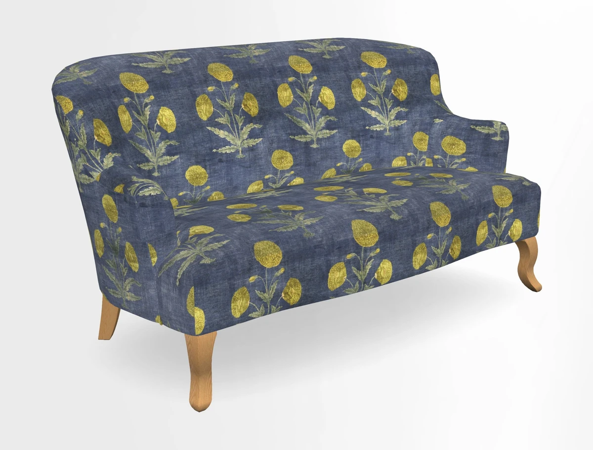 Grassington 3 Seater Sofa in RHS Botanicals on Velvet Ferns Toile Olive with scatter in Almost Plain Velvet Harvest