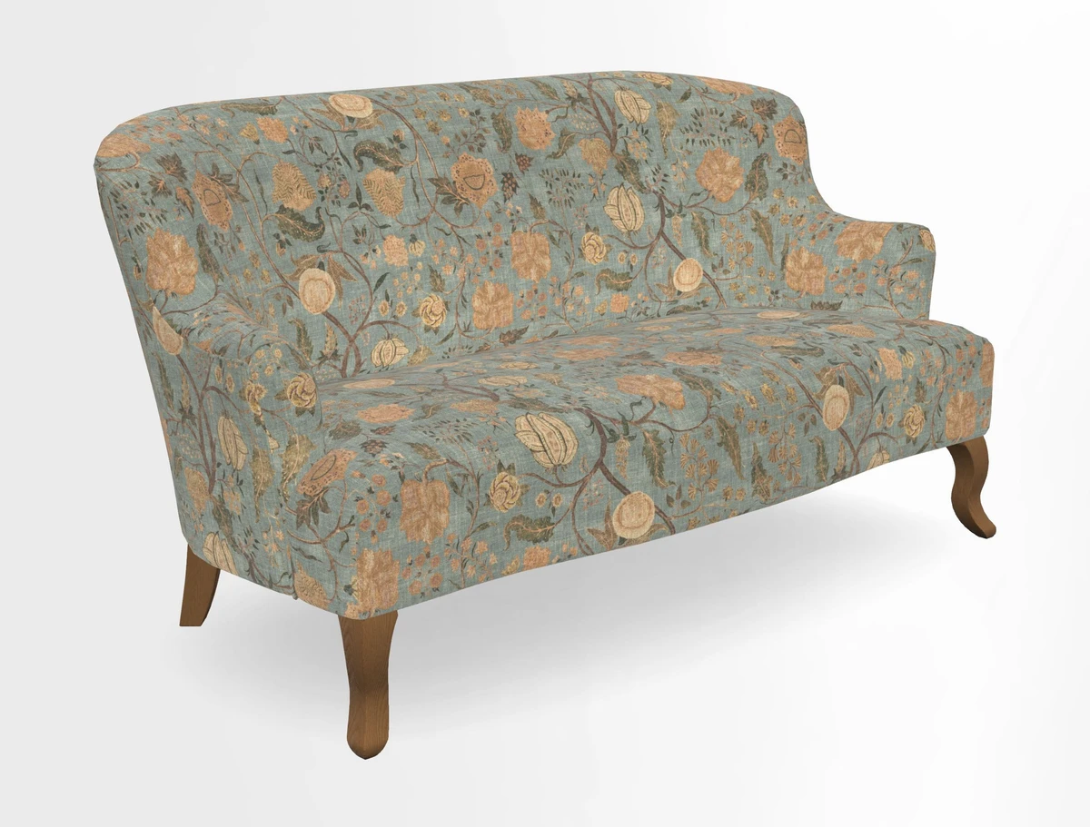 Grassington 3 Seater Sofa in RHS Botanicals on Velvet Ferns Toile Olive with scatter in Almost Plain Velvet Harvest