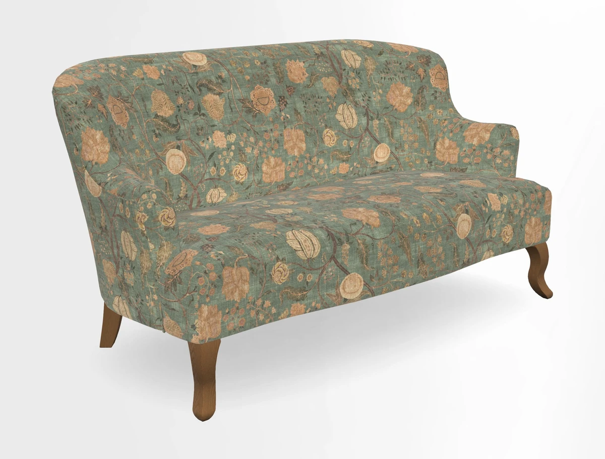 Grassington 3 Seater Sofa in RHS Botanicals on Velvet Ferns Toile Olive with scatter in Almost Plain Velvet Harvest