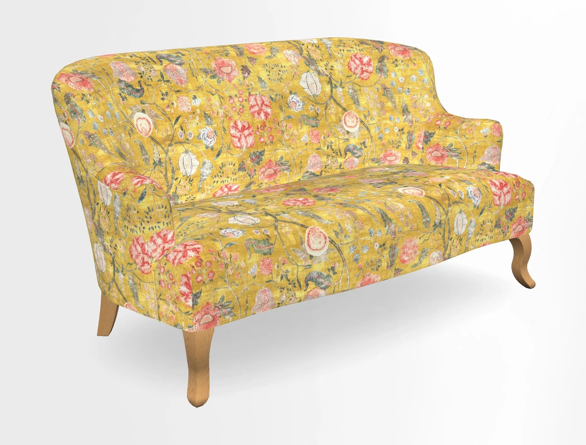 Grassington 3 Seater Sofa in RHS Botanicals on Velvet Ferns Toile Olive with scatter in Almost Plain Velvet Harvest