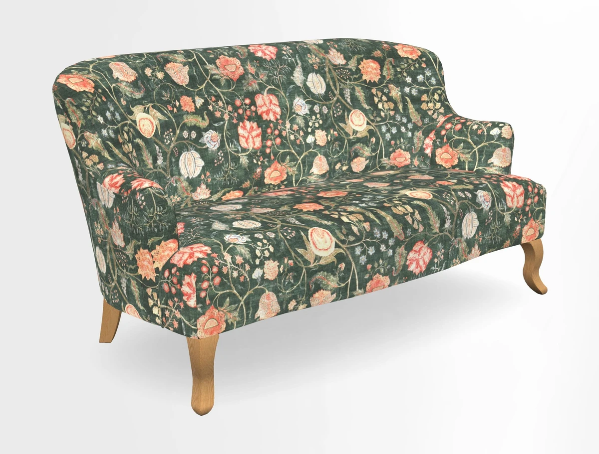 Grassington 3 Seater Sofa in RHS Botanicals on Velvet Ferns Toile Olive with scatter in Almost Plain Velvet Harvest