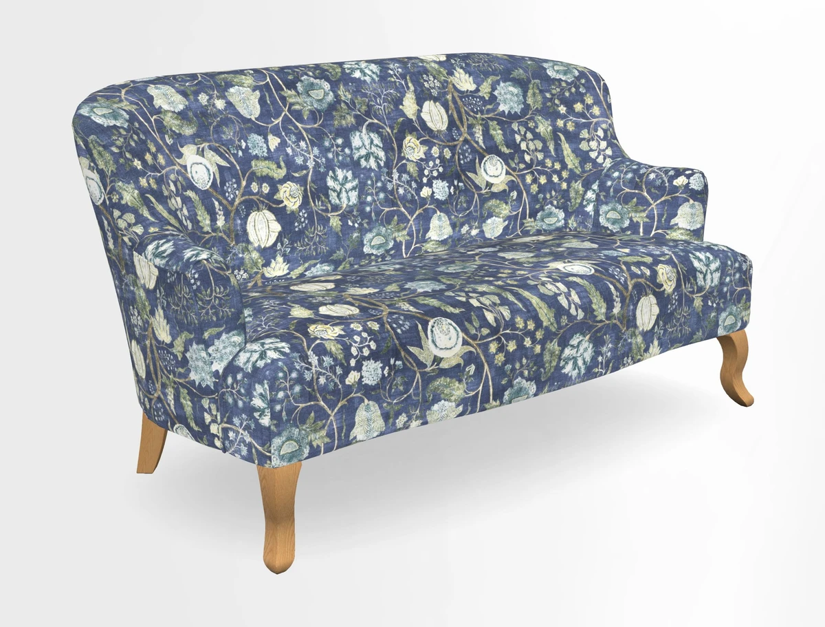 Grassington 3 Seater Sofa in RHS Botanicals on Velvet Ferns Toile Olive with scatter in Almost Plain Velvet Harvest