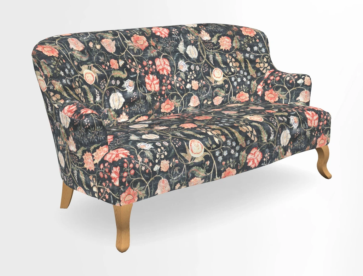 Grassington 3 Seater Sofa in RHS Botanicals on Velvet Ferns Toile Olive with scatter in Almost Plain Velvet Harvest
