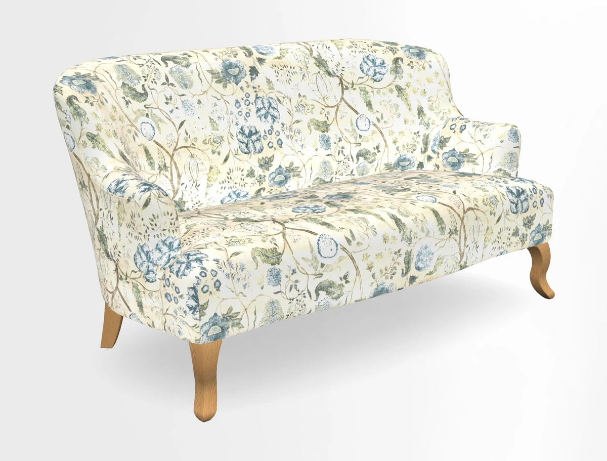 Grassington 3 Seater Sofa in RHS Botanicals on Velvet Ferns Toile Olive with scatter in Almost Plain Velvet Harvest