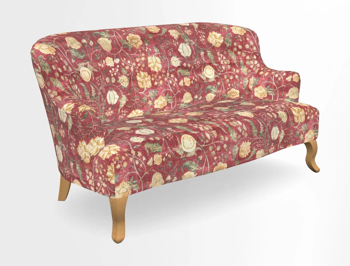 Grassington 3 Seater Sofa in RHS Botanicals on Velvet Ferns Toile Olive with scatter in Almost Plain Velvet Harvest