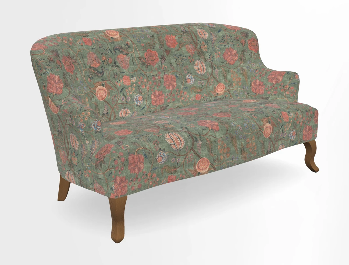 Grassington 3 Seater Sofa in RHS Botanicals on Velvet Ferns Toile Olive with scatter in Almost Plain Velvet Harvest