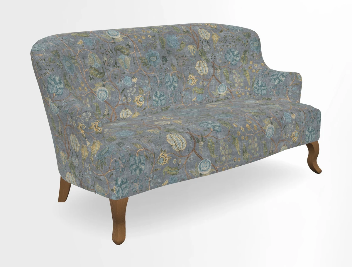 Grassington 3 Seater Sofa in RHS Botanicals on Velvet Ferns Toile Olive with scatter in Almost Plain Velvet Harvest