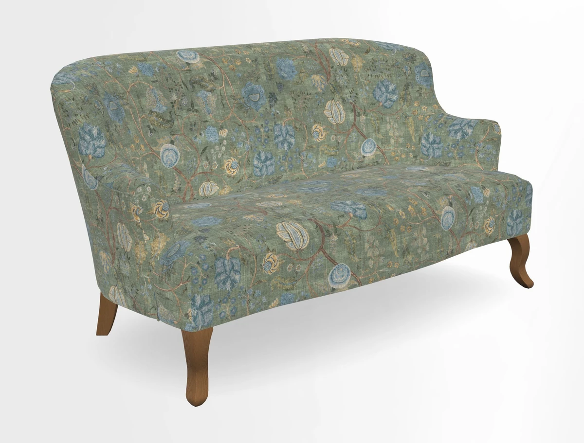 Grassington 3 Seater Sofa in RHS Botanicals on Velvet Ferns Toile Olive with scatter in Almost Plain Velvet Harvest
