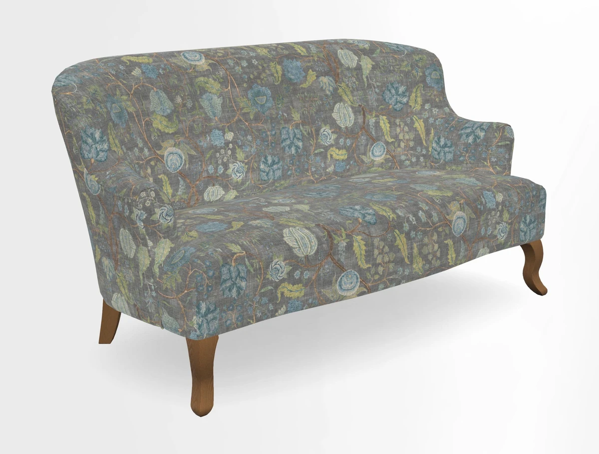 Grassington 3 Seater Sofa in RHS Botanicals on Velvet Ferns Toile Olive with scatter in Almost Plain Velvet Harvest