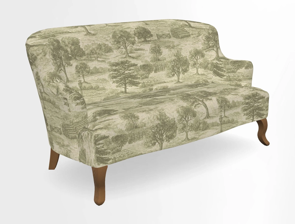 Grassington 3 Seater Sofa in RHS Botanicals on Velvet Ferns Toile Olive with scatter in Almost Plain Velvet Harvest