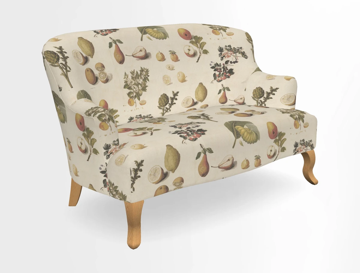 Grassington 3 Seater Sofa in RHS Botanicals on Velvet Ferns Toile Olive with scatter in Almost Plain Velvet Harvest
