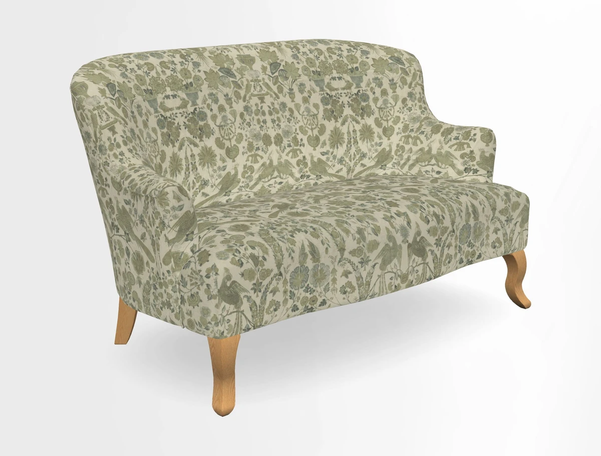 Grassington 3 Seater Sofa in RHS Botanicals on Velvet Ferns Toile Olive with scatter in Almost Plain Velvet Harvest