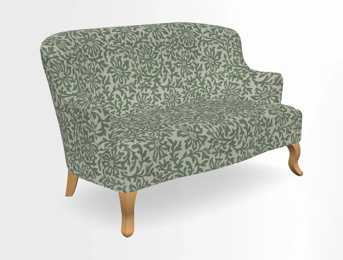 Grassington 3 Seater Sofa in RHS Botanicals on Velvet Ferns Toile Olive with scatter in Almost Plain Velvet Harvest