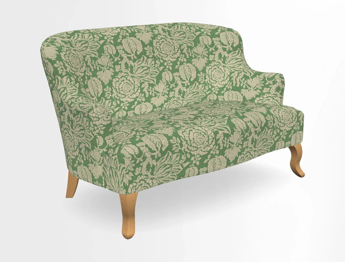 Grassington 3 Seater Sofa in RHS Botanicals on Velvet Ferns Toile Olive with scatter in Almost Plain Velvet Harvest