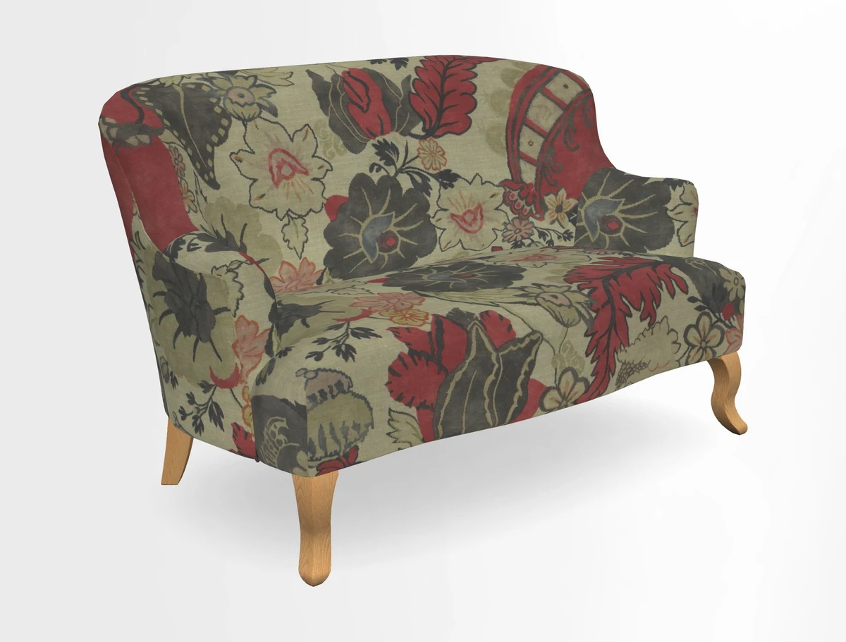 Grassington 3 Seater Sofa in RHS Botanicals on Velvet Ferns Toile Olive with scatter in Almost Plain Velvet Harvest