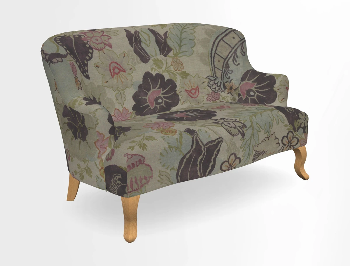 Grassington 3 Seater Sofa in RHS Botanicals on Velvet Ferns Toile Olive with scatter in Almost Plain Velvet Harvest