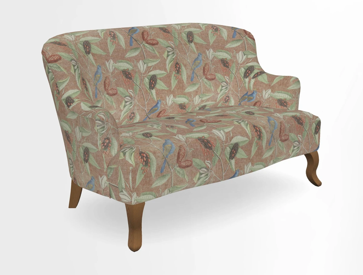 Grassington 3 Seater Sofa in RHS Botanicals on Velvet Ferns Toile Olive with scatter in Almost Plain Velvet Harvest