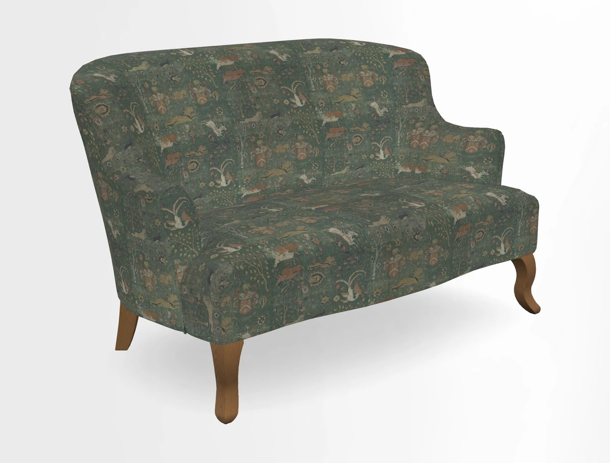 Grassington 3 Seater Sofa in RHS Botanicals on Velvet Ferns Toile Olive with scatter in Almost Plain Velvet Harvest