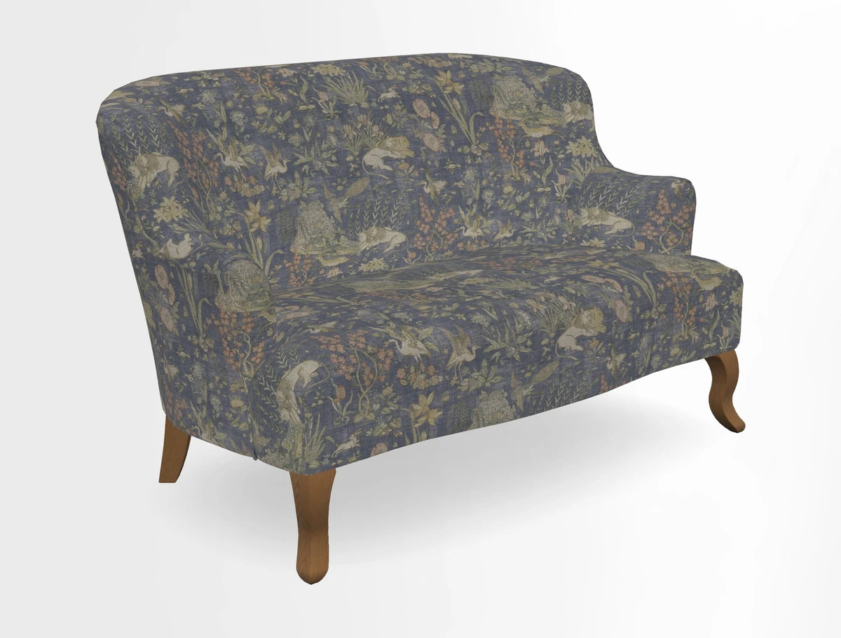Grassington 3 Seater Sofa in RHS Botanicals on Velvet Ferns Toile Olive with scatter in Almost Plain Velvet Harvest